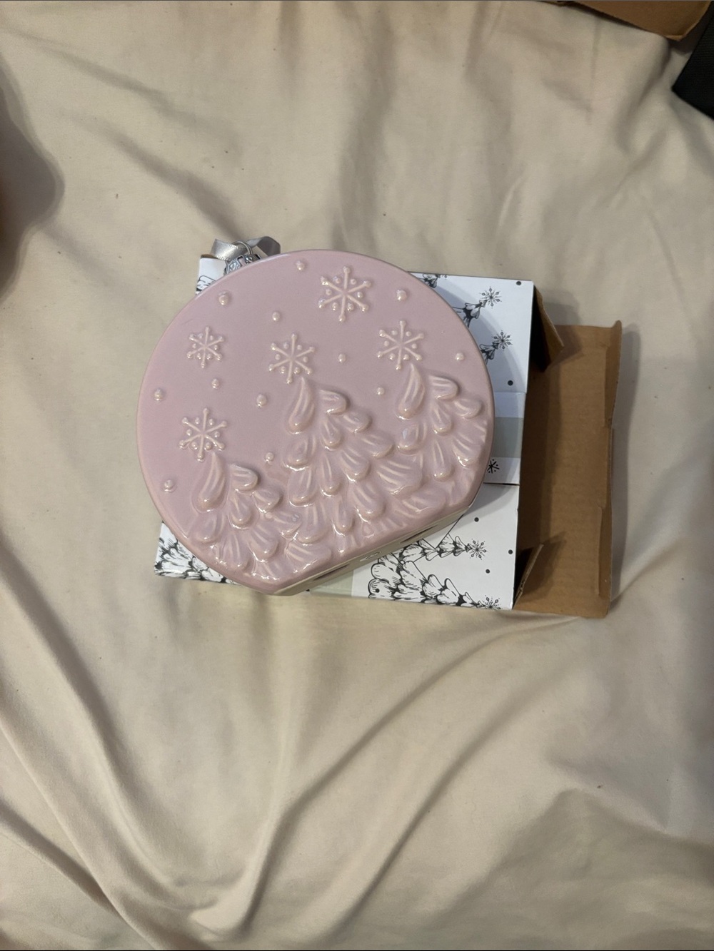 Pink Ceramic Holiday Trinket Dish with Snowflake and Tree Design